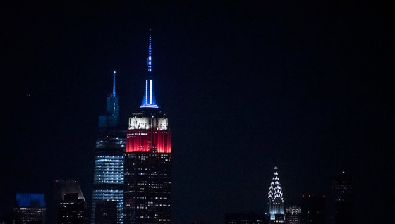 NYC in red white & blue colors to celebrate President Elect Joe Biden and VP Elect Kamala Harris