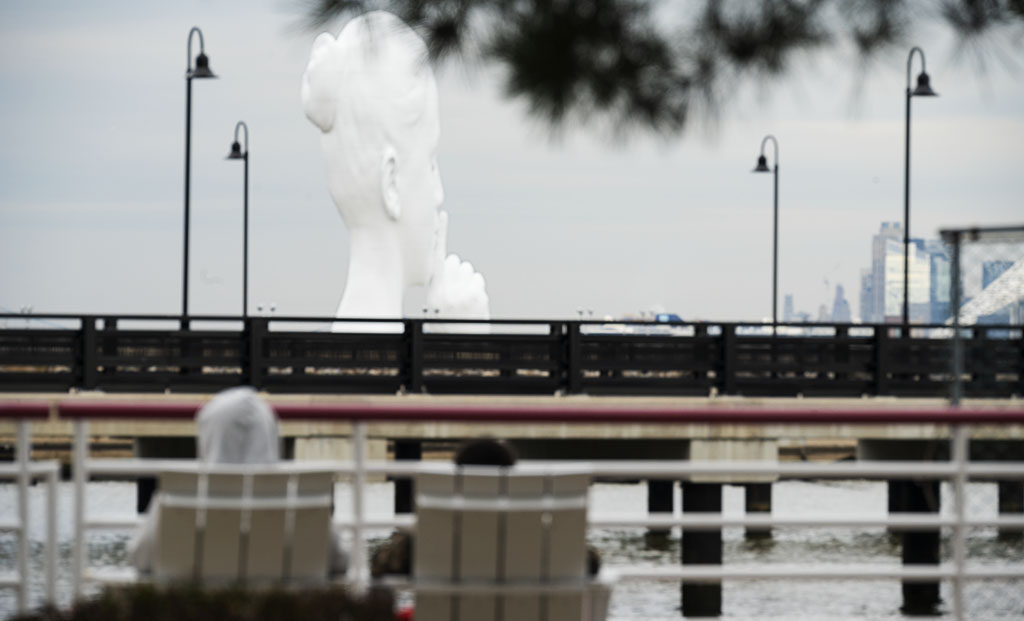 Water's Soul is an 80ft sculpture by Spanish artist Jaume Plensa opened to the public on a Jersey City pier. Photo by Alina Oswald. All Rights Reserved.
